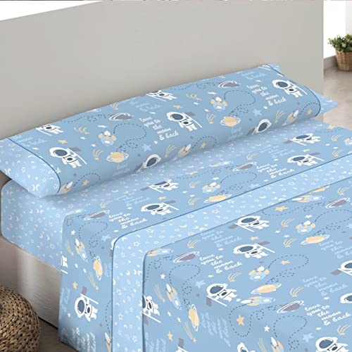 Adp Home - Juego de sábanas Estampadas 144 Hilos en polialgodón - Sábana Bajera, sábana encimera y Funda de Almohada Modelo Espacio (Azul, Cama de 90 CM)
