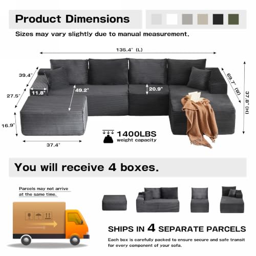 Image of 96 inch Sectional Couches for Living Room Cloud Couch Sofa with L-Shape Upholstered Boneless Couchs Modern Modular Sectional Couch with Chaise (Dark Grey, 136.1 inch U Shape with Right Facing Chaise)