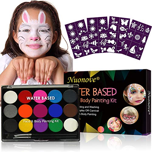 Truccabimbi Kit, Body Painting Colori, Pittura Facciale, Trucchi Carnevale Bambini Colori, 15 Colori, 2 Pennelli, 40 Modelli di Motivi, Halloween, Carnevale, Settimana Santa, Feste, Compleanno
