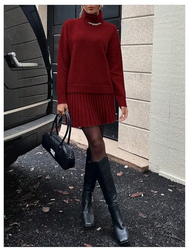Image of MakeMeChic Women's Sweater Skirt Sets 2 Piece Outfits Ribbed Knit Mock Neck Sweater Pullovers A Line Mini Skirt Set S-Red Large