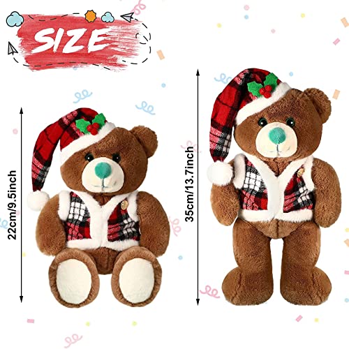 Skylety Christmas Bear Plush Cute Stuffed Animals Soft Pp Cotton Plush Toy Wearing Red Check Vest Cloak Christmas Hat For Girlfriend Wife Girl Women, White, Brown (8.7 Inch) #TOP3