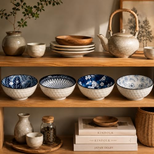 Image of Japanese Ceramic Bowl Set of 4 | 300ML Hand Painted Soup Rice Snack Bowls, Glossy Blue Floral Patterns, Textured White Exterior | Microwave & Dishwasher Safe Gift Set (Blue Ember)
