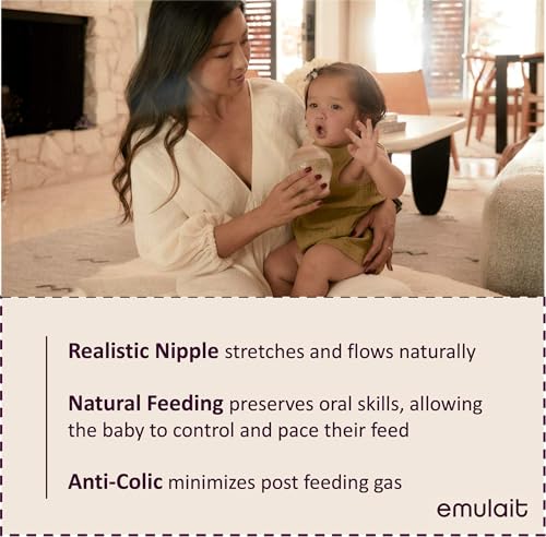 Image of Emulait Glass Classic Baby Bottle for Newborns and Infants, Natural Breast-Like Shape 4, Color Deep, Anti-Colic Venting, Soft Silicone Nipple, Easy-Latch, Glass Nursing Bottle for Feeding, 8oz