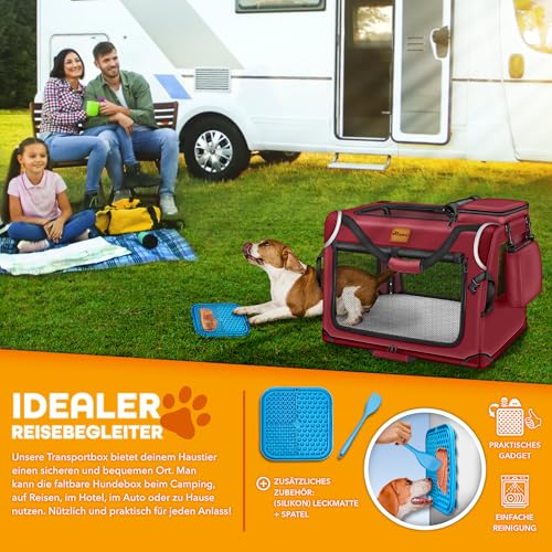 TRESKO® Hundebox faltbar inkl. Leckmatte, Spatel & Reflektoren M 61x42x42cm | Transportbox für Hunde und Katzen | Hundetransportbox Auto für kleine & große Hunde | Hundetasche robust Rot