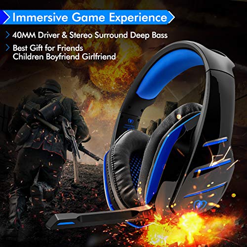 PS4 Gaming Headset with Mic, Beexcellent Newest Deep Bass Stereo Sound Over Ear Headphone with Noise Isolation LED Light for PC Laptop Tablet Mac (Blue)