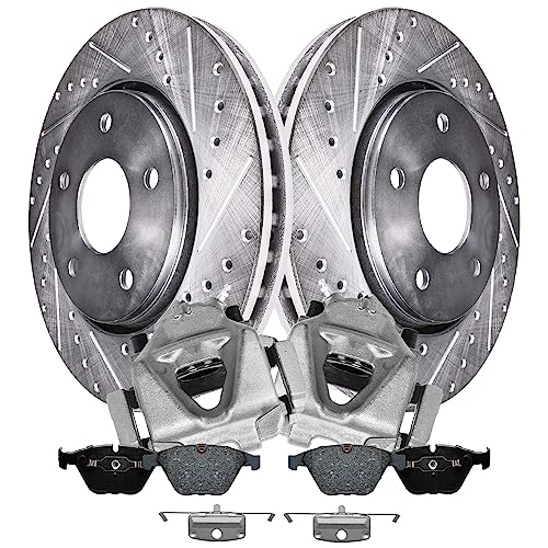 Image of Detroit Axle - Front Drilled & Slotted Brake Rotors Ceramic Pads Calipers | w /Bracket Replacement for BMW 323i X1 328i xDrive - 6pc Set