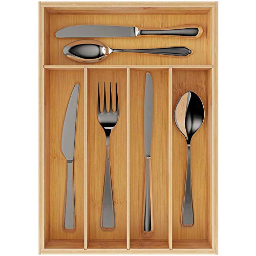 Lontai+Wisuce Bamboo Silverware Utensil Drawer Organizer, Flatware Cutlery Drawer Organizer Silverware Tray For Kitchen Spoons Forks Knives (Natural-1) #TOP6