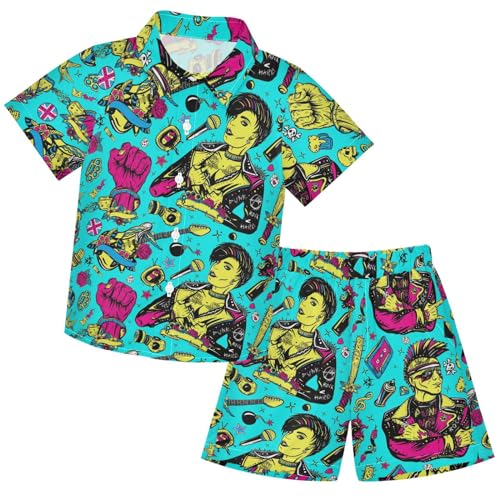 Image of visesunny Funny Boy's 2 Pieces Shirt and Short Set Casual Shirts Short Sleeve Beach Shorts Summer Outfits for 3-10 Years Kids