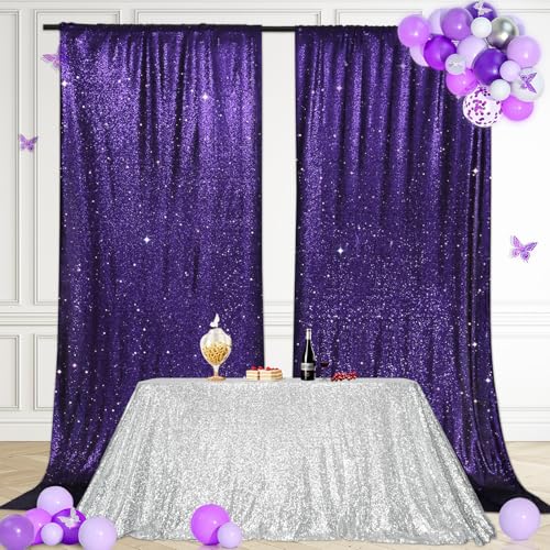 Image of PartyDelight Purple Sequin Backdrop Curtains 5x10ft 2 Sparkly Panels | 4 Inch Rod Pocket and stitched 3mm sequins support split hanging for prom and quinceanera celebrations