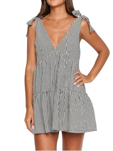 utcoco Women's 2025 Summer A Line Flowy Plaid Mini Dress Y2k Tie Shoulder Babydoll Dress Beach Vacation Outfits (Small, Black)