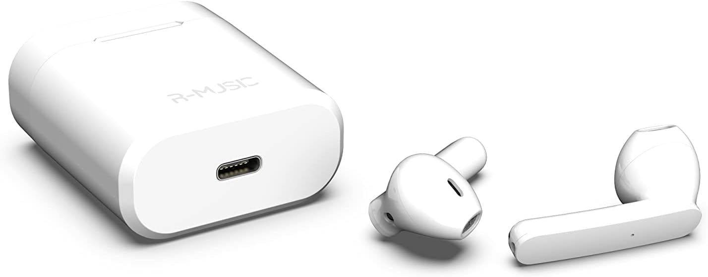 R-Music Novo RM483874 charging case showing the USB-C port, with earbuds nearby.
