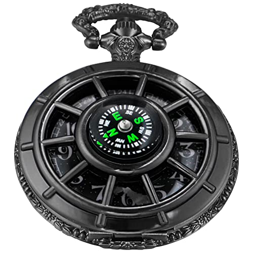 Whodoit Black Men's Hollow-Out Compass Quartz Pocket Watch, Rudder Hollow Arabic Digital Dial Quartz Pocket Watches With Chain For Men #TOP21