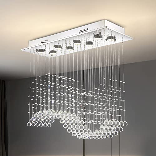 Apbeamlighting Modern Rectangle Crystal Chandelier Dining Room Chandeliers Flush Mount Rectangular Wave Raindrop Ceiling Light Fixture Elegant Romantic Chandeliers For Kitchen Island 8 Lights #TOP6