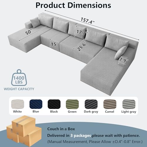 Image of 160 inch Boneless Cloud Sectional Couch Modular Sofa with Ottoman