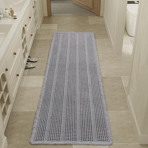 PureCozy Washable Bathroom Runner Rug, Upgraded Waffle Absorbent Non Slip Bath Mats with Tassels, Ultra Soft Quick Dry Bath Rug for Hallway Indoor Kitchen, Grey, 24"x72"(2'x6')