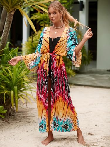 Image of Women's Kimono Cover Up Long Beach Dress Swimsuit Cover Ups Colorful Cardigan Lightweight Robe for Swimwear