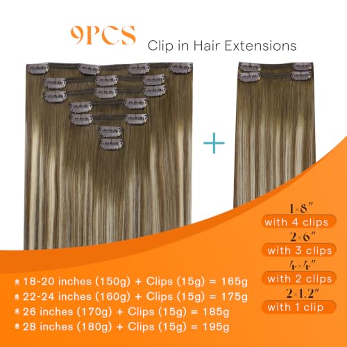 Image of Sunny Hair Clip in Hair Extensions Real Human Hair Ombre 18 Inch 170g | Brown Balayage Blonde Real Hair Extensions Clip in Human Hair for Special Occasions with Full Head Coverage and Thickness