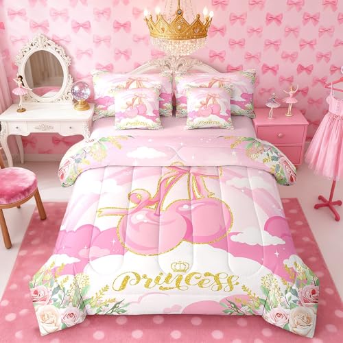 Manfei Pink Gold Cherry Comforter Set Bed in a Bag 7 Pieces Twin,Cute Girly Bowknot Bedding Set,Dreamy Pink Princess Style (Comforter+Fitted+Flat Sheet+2 Pillowcases+2 Throw Pillow Covers)