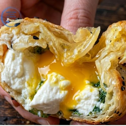 Fagottino croccante di carta di riso con uovo, feta e spinaci
