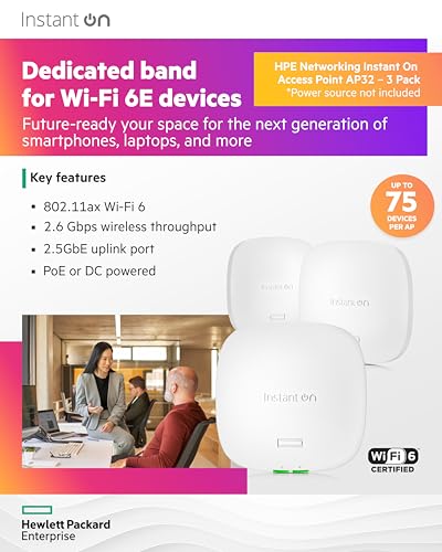Image of HPE Networking Instant On Access Point AP32 2x2 WiFi 6E Indoor Wireless Access Point (3 Pack) | Secure, Tri-Band, Future Ready | Power Source Not Included | US Model (S1T22A-3PACK)