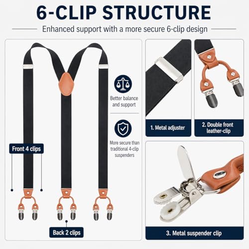 Image of Men's Heavy Duty Y-Back Suspenders, 6 Strong Metal Clips Adjustable Elastic Straps for Work, Tuxedos, and Daily Wear