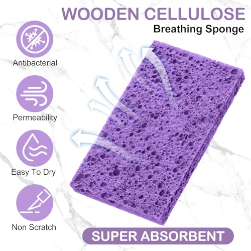 Image of Zhengmy 100 Pieces Sponges Bulk Sponges Kitchen Compressed Sponge Natural Dish Sponge Compressed Wood Pulp Cleaning Without Scratching for Kitchen Bathroom, 3.9 x 2.4 x 0.12 Inch (Purple)