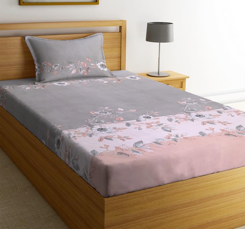 Image of NHD HOME Premium Glace Cotton 180 TC Flat Single Bedsheets Breathable | Wrinklefree (Size-60 X 90 Inch) with 1 King Size Pillow Covers (Size-17 X 27 Inches, Grey Pink Leaf Printed)