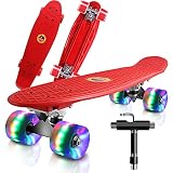 Saramond Skateboards Komplette 55cm Mini Cruiser Retro Skateboard für Kinder Teens Erwachsene Anfänger, Bunte LED-Räder mit All-in-One Skate T-Tool für Schule und Reisen (rot)