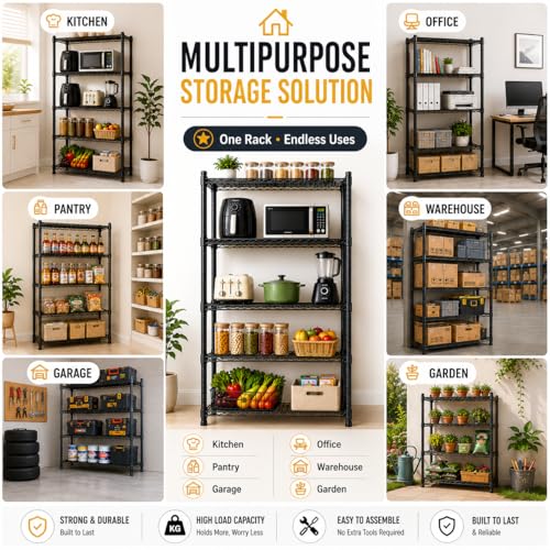 STORACK 5 Shelf Multipurpose Storage Rack 75x35x155 CM Black - Image 7