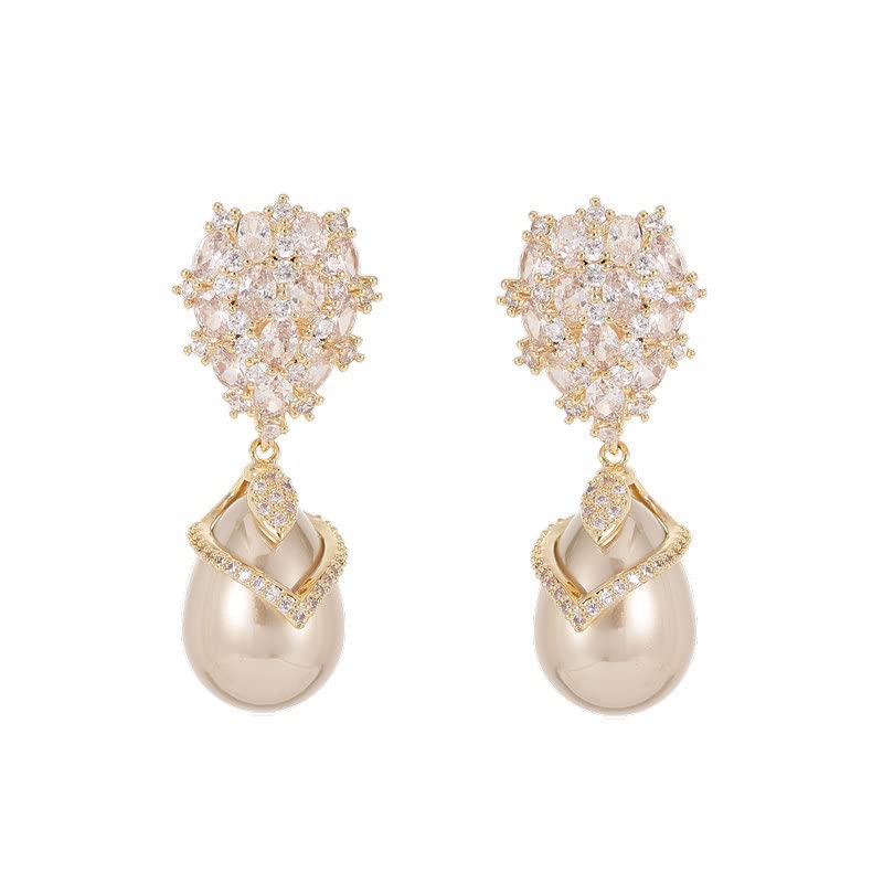 14K Gold Pearl Drop Earrings with Moissanite, Palace Style Freshwater Pearls, Fashion Gift for Her