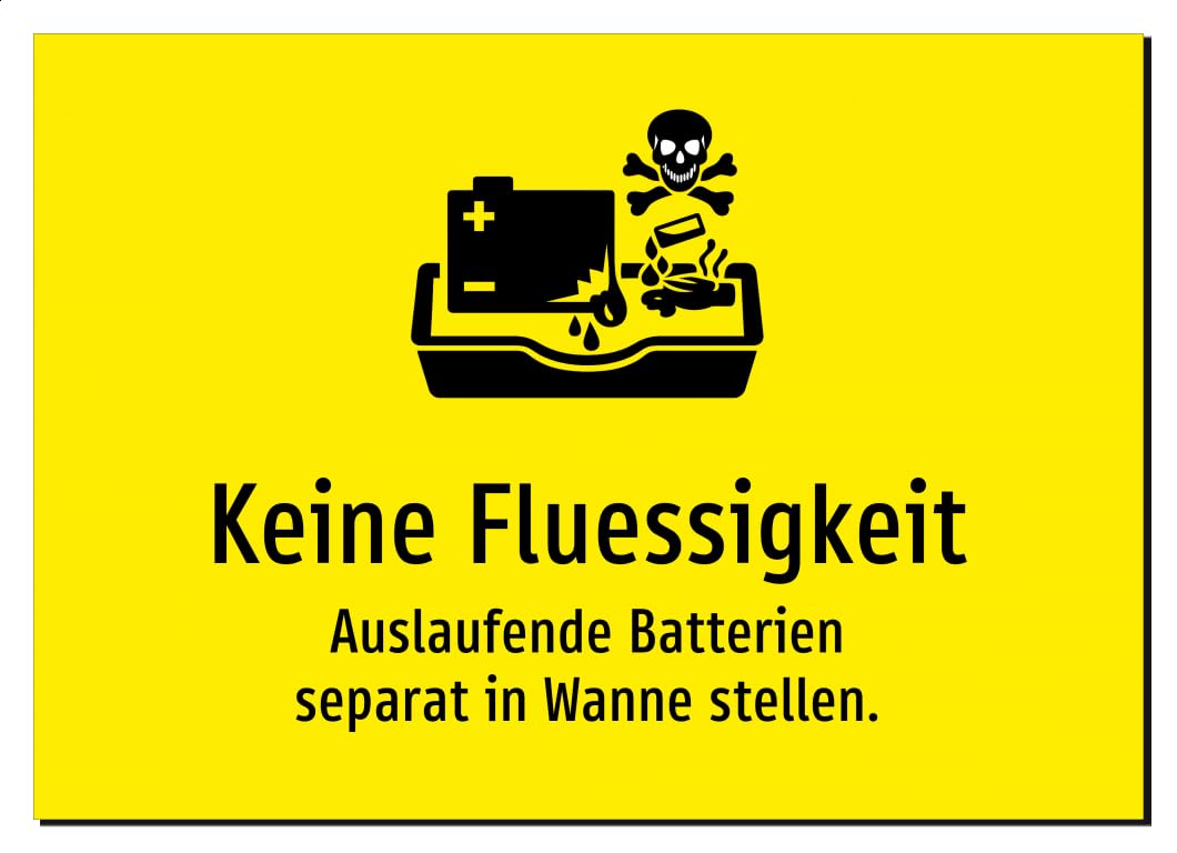 34276-DE-S-06 | Keine Fluessigkeit - Auslaufende Batterien separat in | Aluminiumschild A5, 210 x 148mm | mit Symbolgrafik und Text