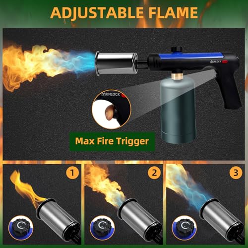Image of Powerful Propane Torch with One-Touch Max Fire, Adjustable Kitchen Torch with Safety Lock, Flamethrower, Blow Torch Gun for Grill, BBQ, Sous Vide, Campfire Starter (Tank Not Included)