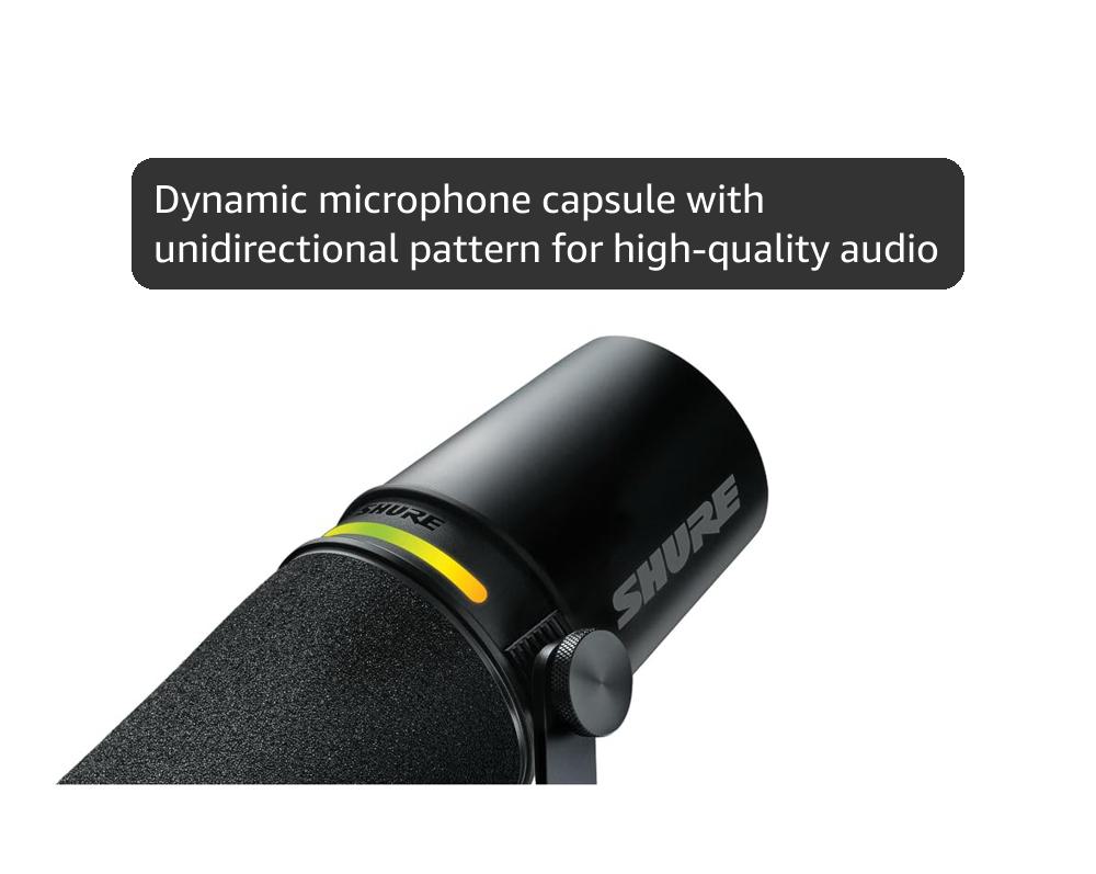 Shure MV7+ Podcast Dynamic Microphone with Stand – OBS Certified, Enhanced Audio, LED Panel, USB-C & XLR Outputs, Auto Level Mode, Digital Pop Filter – for Podcasting, Streaming, and Recording, Black