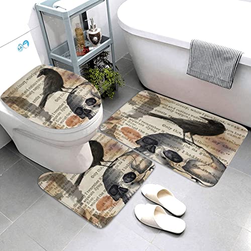 Edgar Allan Poe The Raven Skull 3-teiliges waschbares Badezimmerteppich-Set beinhaltet Badteppich, Konturmatte und WC-Deckelbezug, superweiche Mikrofaser-Badteppiche mit Gummi-Rückseite, solide