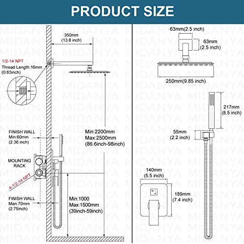 Midanya Polish Chrome Shower Faucet Set Wall Mount 10 Inch Square Rainfall Shower Head Rain Shower System With Hand Sprayer Rough-In Valve Body And Trim Included #TOP5