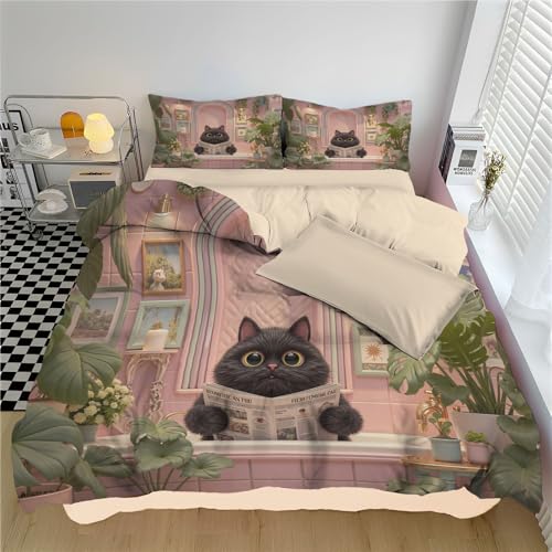 Funda Nórdica Cama 135/150, Funda Nórdica 220 X 240 Cm con Gato Negro Periódico Microfibra Divertido Animal Retro3 Piezas Compuesto por 1 Fundas Nordica 220 X 240 Cm + 2 Fundas De Almohada 50X75 Cm