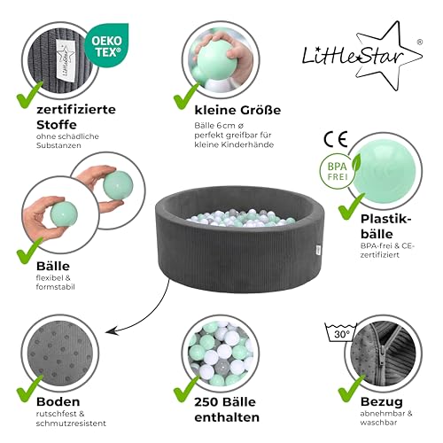 LittleStar® - Bällebad | 250 Bälle, ⌀ 6cm - perfekt greifbar | schadstofffrei | Rutschfester Boden | Kinder | Kleinkinder | Babys | ab 10 Monaten (rosa-grau-weiß, 90x30cm rund, Bällebad grau meliert)