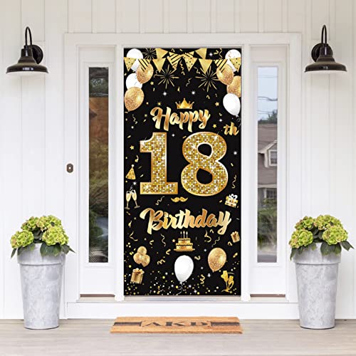 YOTANGO 18. Geburtstag Deko Junge, 18 Geburtstagdeko Tür Banner, Geburtstagsbanner 18, Banner 18 Geburtstag Schwarz Gold, Banner Geburtstag für Junge Mädchen 18. Geburtstag Party Tür Wand Deko Cover