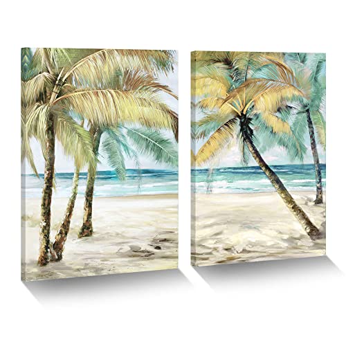 Tropical Beach Canvas Painting: Modern 2 Pieces Seaside Palm Tree Wall Art Ocean Wave Seascape Picture Relaxing Seashore Skyline Artwork Abstract Coastal Shoreline Prints For Bedroom Bathroom #TOP7