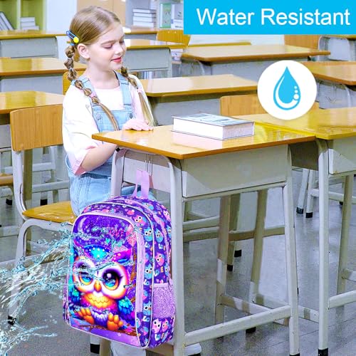 Image of CCJPX 3PCS Kids Backpack for Girls, 16 inchOwl Bookbag with Lunch Box, Cute Water Resistant Elementary School Bag for Kindergarten Preschool Toddler