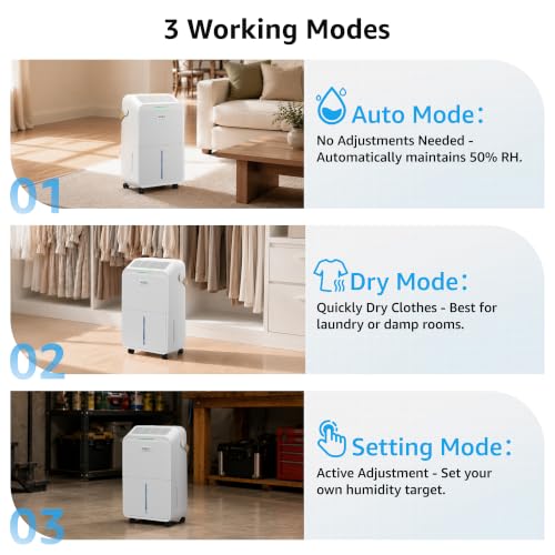 Image of KNKA 2500 Ft Max 34 Pints Dehumidifier for Basement with Drain Hose, White | Dehumidifiers for Home, Bedroom, Bathroom, Large Room, Three Modes, Intelligent Humidity Control, Dry Clothes, 24HR Timer