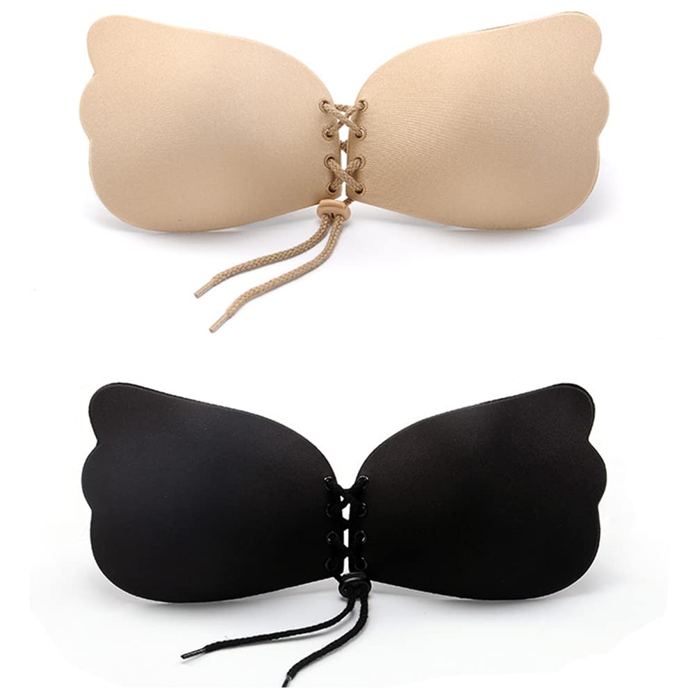 Photo 1 of 2PK Sticky Bra Strapless Push-up Plus-Size - Self Adhesive Stick on Backless Invisible Sculpt Bra  SIZE D Cup Black Beige