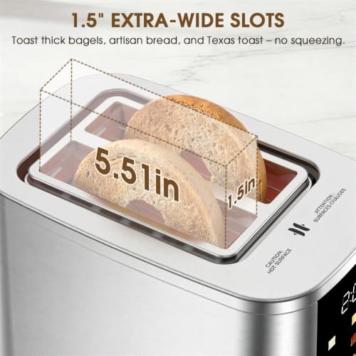 Image of Foyoconven 2 Slice Toaster with Touch Screen, 1.5 inch Extra Wide Slots for Bagels & Thick Bread, Stainless Steel, Digital Countdown Timer, 6 Shade Settings, Defrost /Reheat /Cancel, Removable Crumb Tray