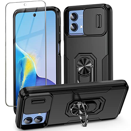 Mocotto for Motorola Moto G Stylus 5G 2023 Case with Slide Camera Cover,Tempered Glass Screen Protector,Full Camera Protection Ring Kickstand Military Grade Shockproof Black