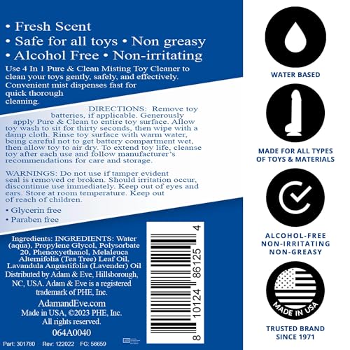Image of Adam & Eve Sex Toy Cleaner, 4 In 1 Pure And Clean Misting Spray, Fast Acting Misting Spray For Adult Toys, Vibrators, Dildos, Fresh Scent, Water Based Formula Perfect for Gifting, 4 oz (Pack of 2)