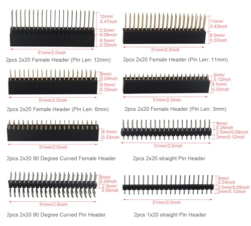 ZDE 2x20 40 Pin Stacking Female Header Kit GPIO Stacking Header Extender Pico Header Pack for Raspberry Pi 5/4B/3B+/3B/2B/B+/A+/Zero/Zero W/Zero 2 W (8 Specifications 16pcs)