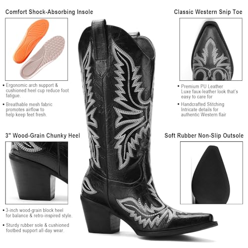Cowboy Boots for Women – Western Mid-Calf Cowgirl Style – Snip Toe Slip-On Pull-On – 3” Wood-Grain Chunky Heel with Classic Embroidered Pattern2