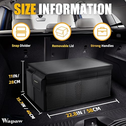 Image of Polyester Automobiles Car Trunk Organizer Bag with Lid Large Size Multi Compartment Car Organizer (55 x 41 x 25cm) Foldable SUV Car Storage Bag with Support Strap (60L - Large) Black