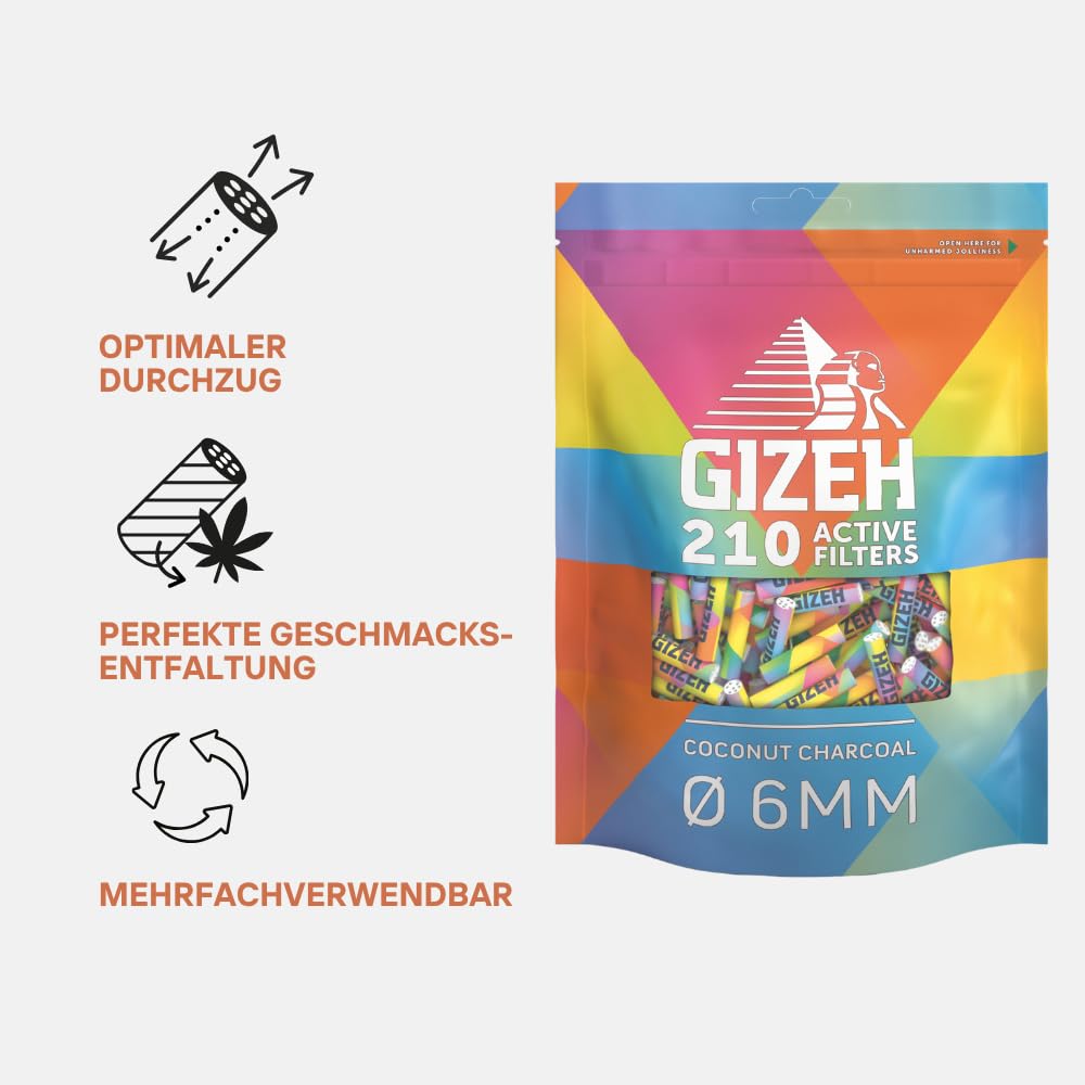 GIZEH RAINBOW Active filtr – filtr z węglem aktywnym o średnicy 6 mm, w opakowaniu 210 sztuk, filtr z węglem aktywnym z skorupy kokosowej, filtr o długości 27 mm