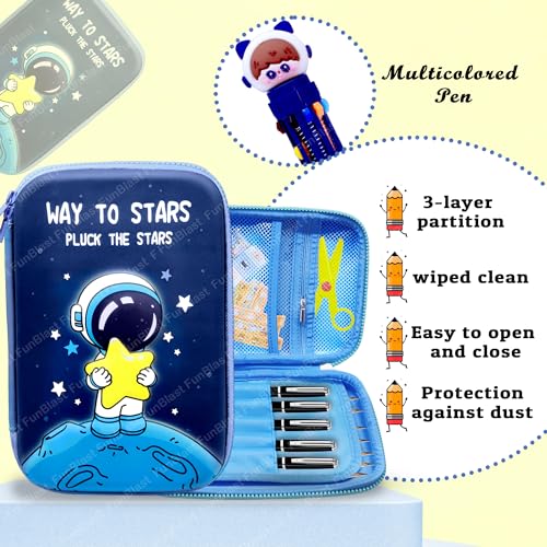 Image of FunBlast Space Pencil Case for Kids, Pencil Pouch with 10 Color in 1 Pen, Pencil case for Boys, Pencil Box for Kids, Return Gifts - Space & Astronaut Theme (Blue)